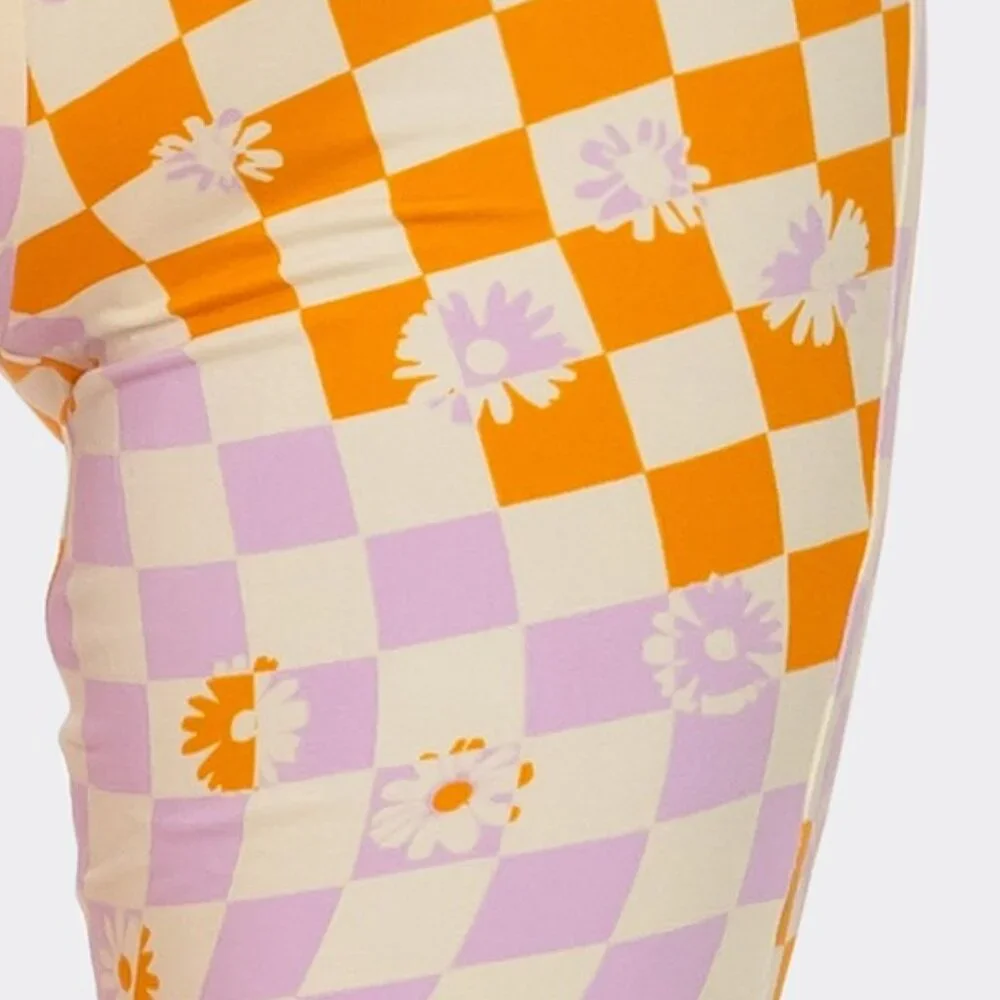 NEW Floral Wavy Checkerboard Flared Long Pants - Picture 3 of 4